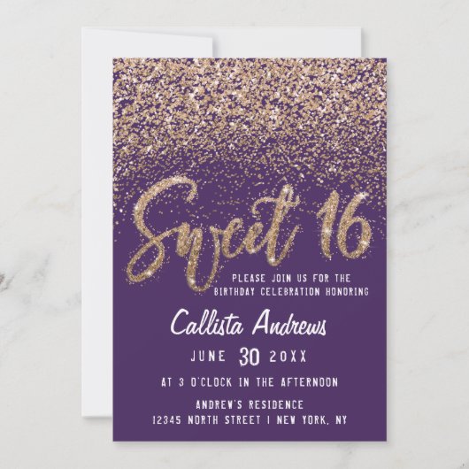 Violet Gold Scattered Glitter Ombre Sweet 16 Kaart (Voorkant)