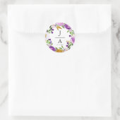 Violet & Goud Bloemenkrans Monogram Bruiloft Ronde Sticker (Tas)