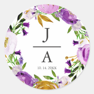 Violet & Goud Bloemenkrans Monogram Bruiloft Ronde Sticker