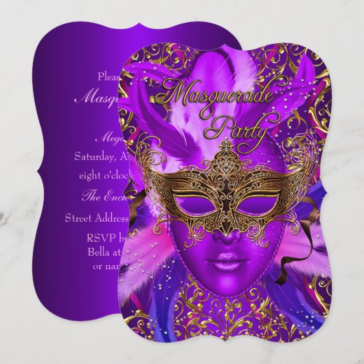 Violet Gouden Masker Maskerade Feest Uitnodiging (Voorkant / Achterkant)