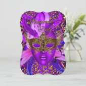 Violet Gouden Masker Maskerade Feest Uitnodiging (Staand voorkant)