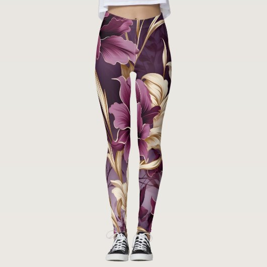 Violet gouden orchideeën patroon leggings (Voorkant)