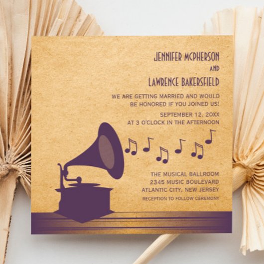 Violet  Gramophone Wedding Invite Kaart