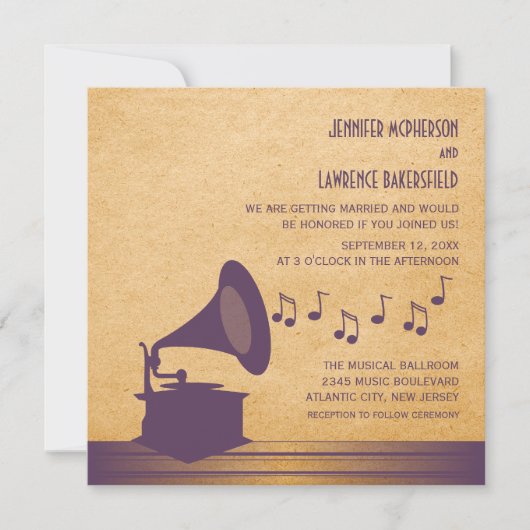 Violet  Gramophone Wedding Invite Kaart (Voorkant)