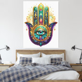 Violet Green Gold Petals Hamsa Turquoise Third Eye Canvas Afdruk (Insitu (Slaapkamer))