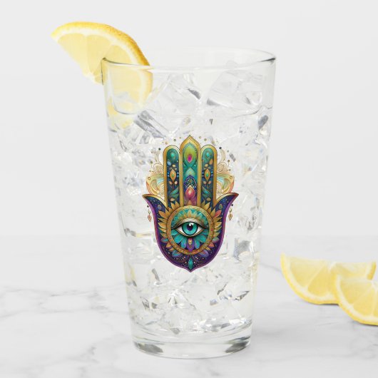 Violet Green Gold Petals Hamsa Turquoise Third Eye Glas (Voorkant ijs)