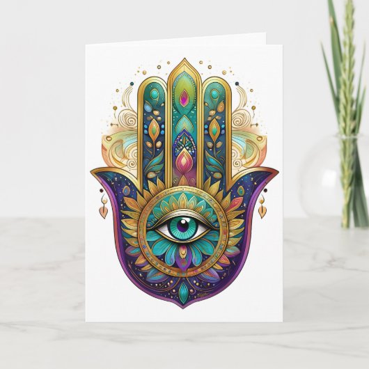 Violet Green Gold Petals Hamsa Turquoise Third Eye Kaart (Voorkant)