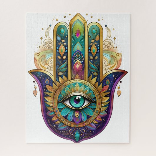 Violet Green Gold Petals Hamsa Turquoise Third Eye Legpuzzel (Verticaal)