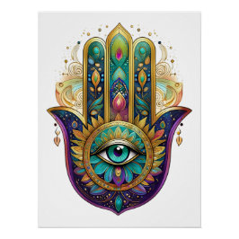 Violet Green Gold Petals Hamsa Turquoise Third Eye Perfect Poster