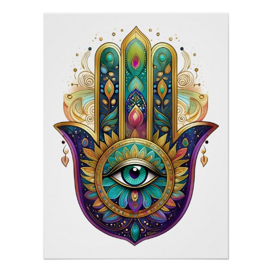 Violet Green Gold Petals Hamsa Turquoise Third Eye Perfect Poster (Voorkant)