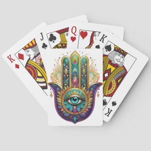 Violet Green Gold Petals Hamsa Turquoise Third Eye Pokerkaarten (Achterkant)
