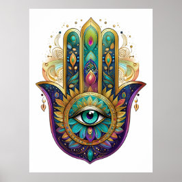 Violet Green Gold Petals Hamsa Turquoise Third Eye Poster