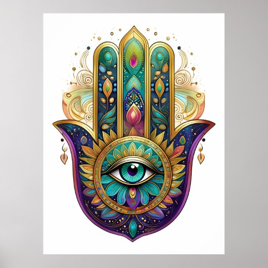 Violet Green Gold Petals Hamsa Turquoise Third Eye Poster (Voorkant)