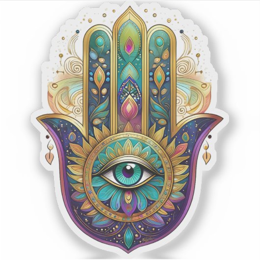 Violet Green Gold Petals Hamsa Turquoise Third Eye Sticker (Voorkant)