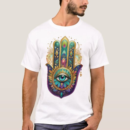 Violet Green Gold Petals Hamsa Turquoise Third Eye T-shirt (Voorkant)