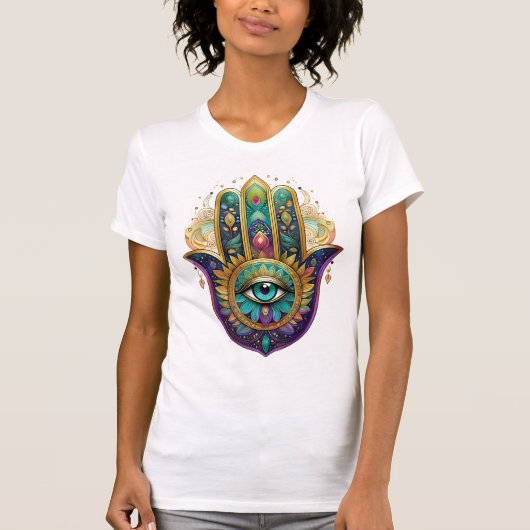 Violet Green Gold Petals Hamsa Turquoise Third Eye T-shirt (Voorkant)