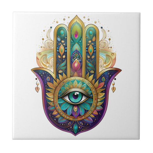 Violet Green Gold Petals Hamsa Turquoise Third Eye Tegeltje (Voorkant)