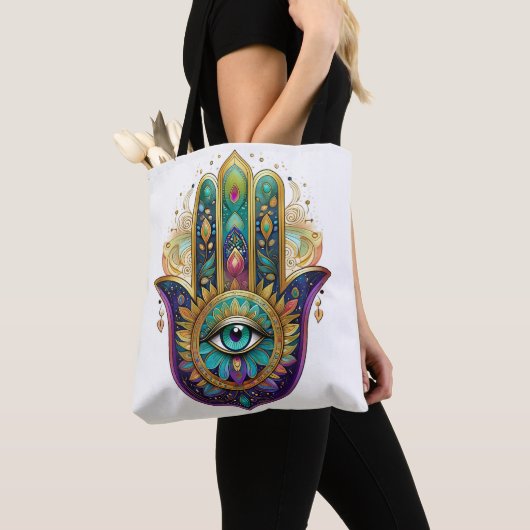 Violet Green Gold Petals Hamsa Turquoise Third Eye Tote Bag (Dichtbij)