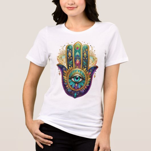 Violet Green Gold Petals Hamsa Turquoise Third Eye Tri-Blend Shirt (Voorkant)