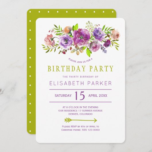 Violet groen rustiek bloemen bohemien verjaardagsf kaart (Voorkant / Achterkant)