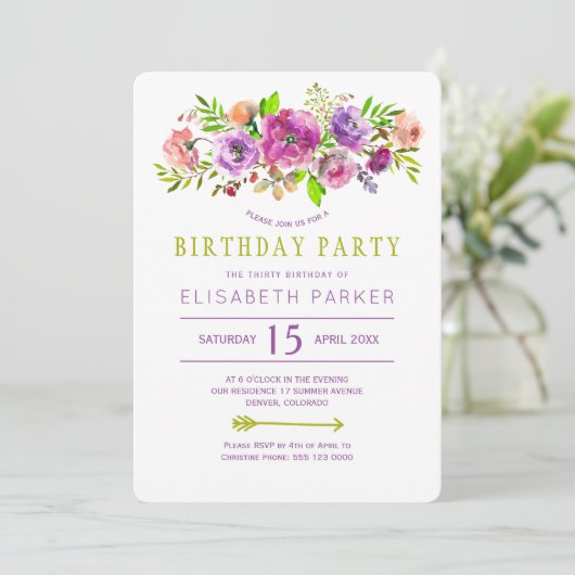 Violet groen rustiek bloemen bohemien verjaardagsf kaart (Staand voorkant)