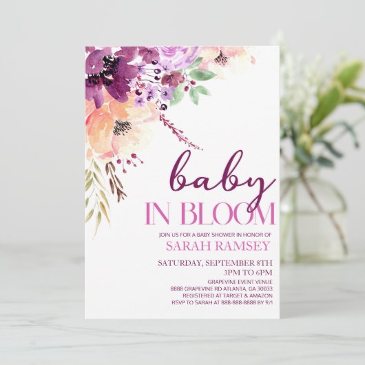 Violet Herfst Bloemen Baby in Bloom Baby shower Kaart (Staand voorkant)