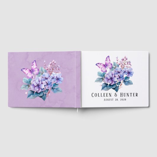 Violet Hydrangea Bloemen Vlinder Bruiloft Gastenboek (Volledig)