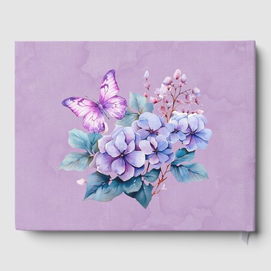 Violet Hydrangea Bloemen Vlinder Bruiloft Gastenboek (Achterkant)