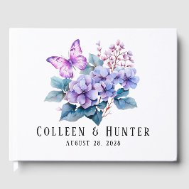 Violet Hydrangea Bloemen Vlinder Bruiloft Gastenboek