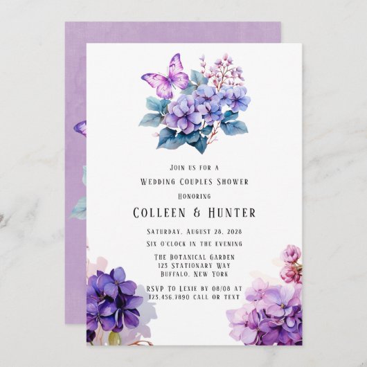 Violet Hydrangea Bloemen Vlinder Trouwdouche Kaart (Voorkant / Achterkant)