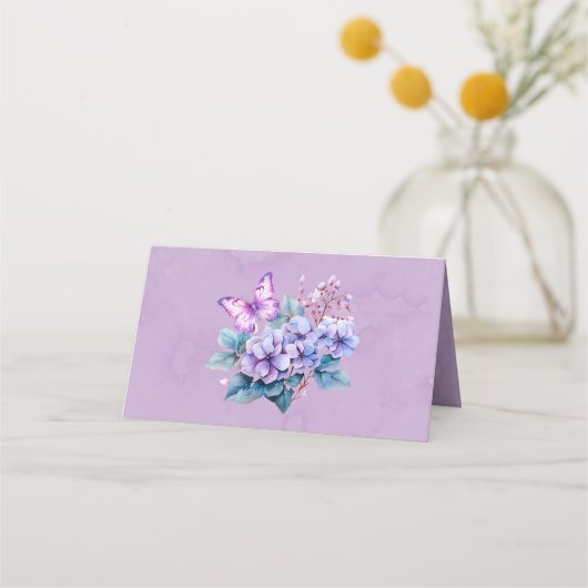 Violet Hydrangea Bloemen Vlinder Trouwtafel Plaatskaartje (Achterkant)