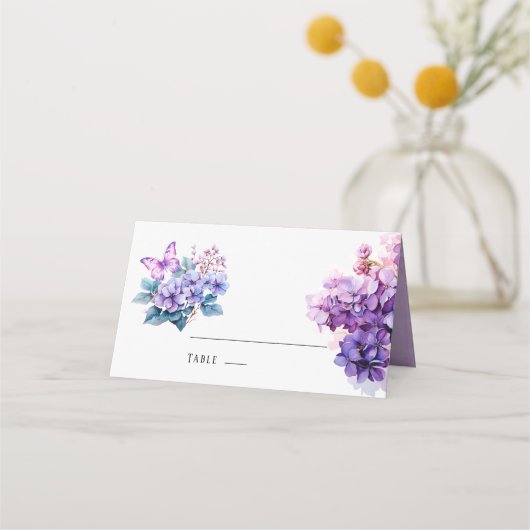 Violet Hydrangea Bloemen Vlinder Trouwtafel Plaatskaartje (Voorkant)