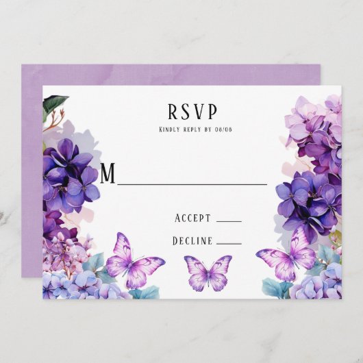 Violet Hydrangea Floral Butterfly RSVP-kaarten Kaart (Voorkant / Achterkant)