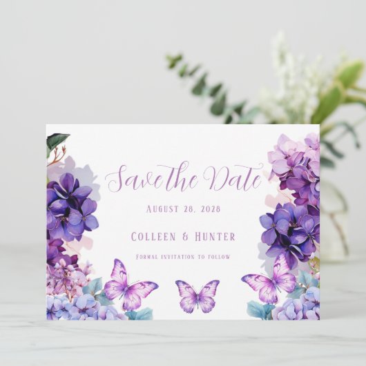 Violet Hydrangea vlinder Bewaar de datumkaarten Kaart (Staand voorkant)
