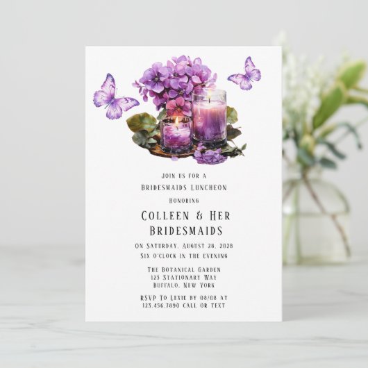 Violet Hydrangea Vlinder Bruidsmeisjes Luncheon Kaart (Staand voorkant)