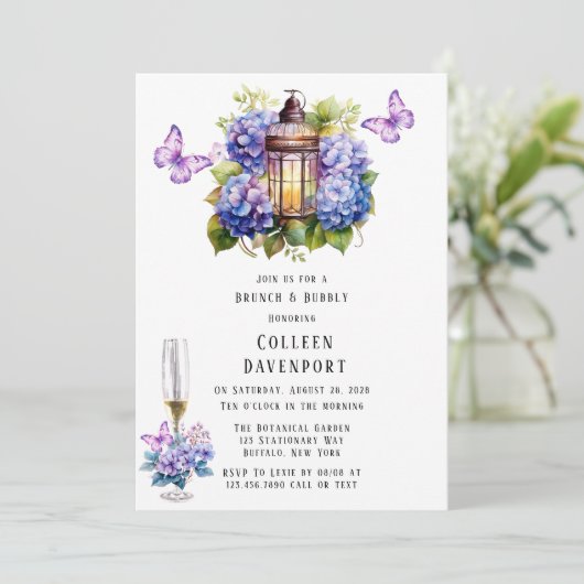 Violet Hydrangea Vlinder Brunch & Bubbly Kaart (Staand voorkant)