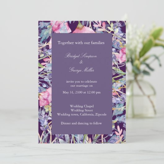 Violet Kleurrijke Wildflower Groen Bruiloft Kaart (Staand voorkant)