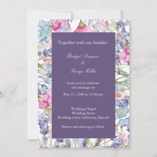 Violet Kleurrijke Wildflower Groen Bruiloft Kaart (Voorkant)