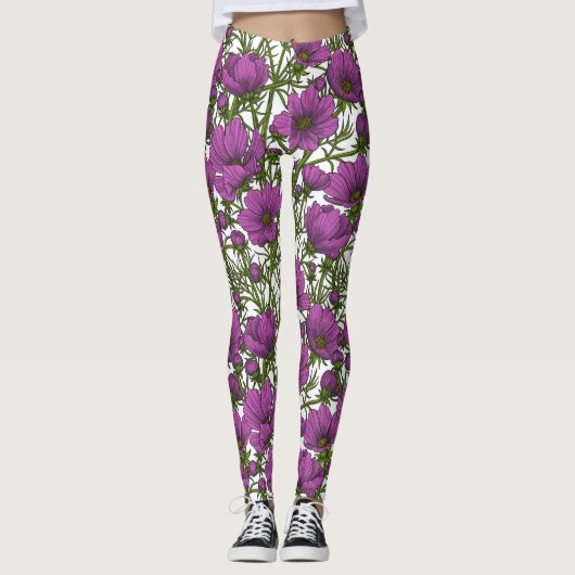 Violet kosmos bloemen leggings (Voorkant)