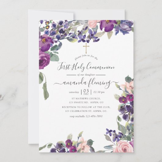 Violet, krottenwijk en blush Floral Eerste Heilige Kaart (Voorkant)