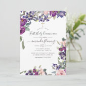Violet, krottenwijk en blush Floral Eerste Heilige Kaart (Staand voorkant)