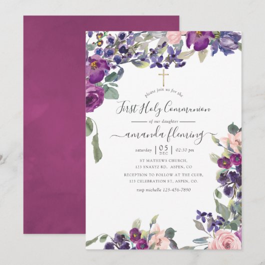 Violet, krottenwijk en blush Floral Eerste Heilige Kaart (Voorkant / Achterkant)