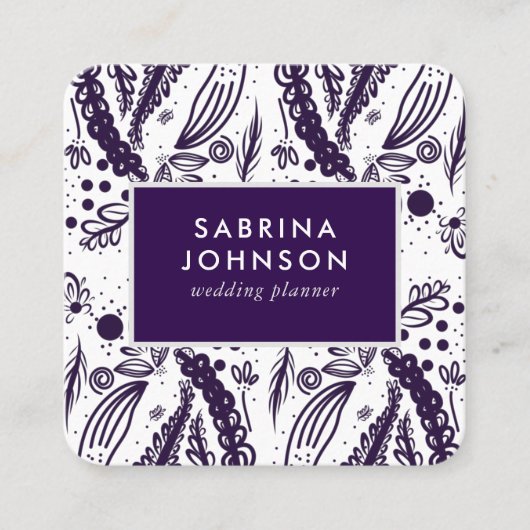 Violet laat bloemen poka dots patroon vierkante visitekaartje (Voorkant)