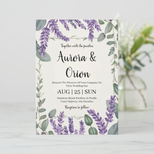 Violet lavendel en eucalyptus huwelijksuitnodiging kaart (Staand voorkant)