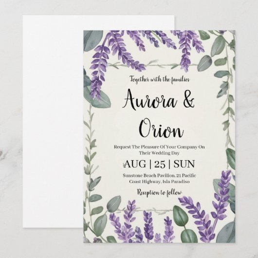 Violet lavendel en eucalyptus huwelijksuitnodiging kaart (Voorkant / Achterkant)
