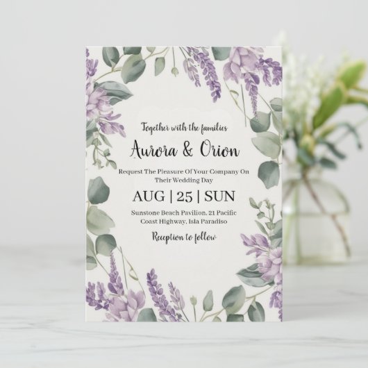 Violet lavendel en eucalyptus huwelijksuitnodiging kaart (Staand voorkant)