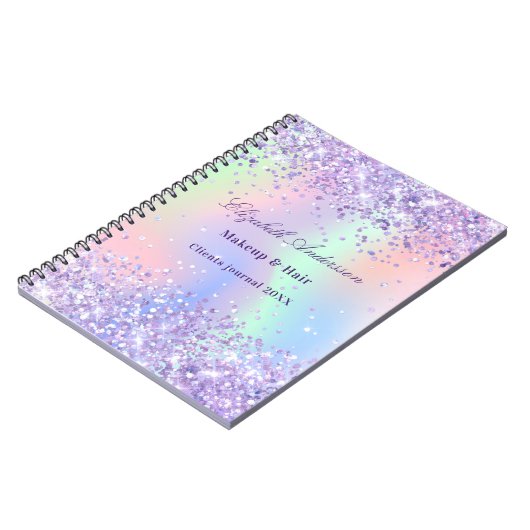 Violet lavendel holografische naam bedrijf notitieboek (Linkerzijde)