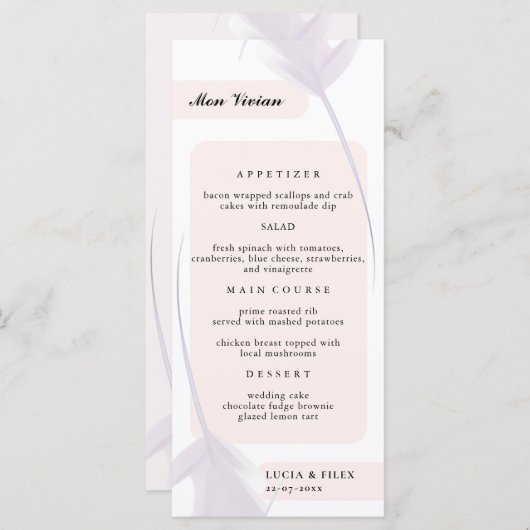 Violet Lavendel & Peach Kleur Gast Naam Diner Menu (Voorkant / Achterkant)