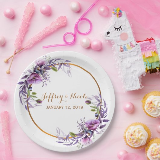 Violet Lavendel Poppy Waterverf Bloem Bruiloft Papieren Bordje (Feest)