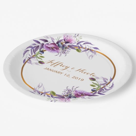 Violet Lavendel Poppy Waterverf Bloem Bruiloft Papieren Bordje (Gekanteld)